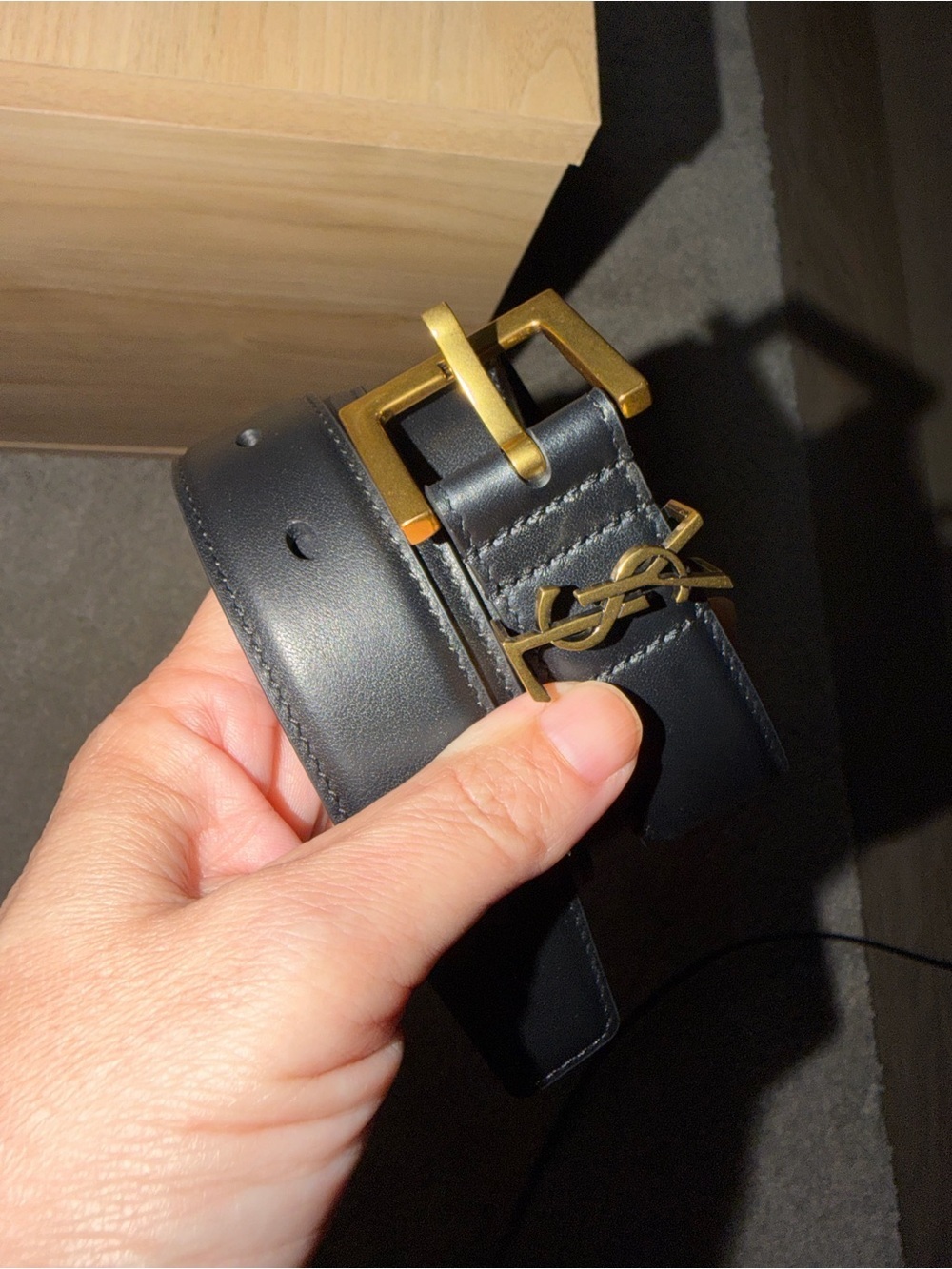 Yves Saint Laurent Black Leather Belt with Brass-Tone YSL Buckle
